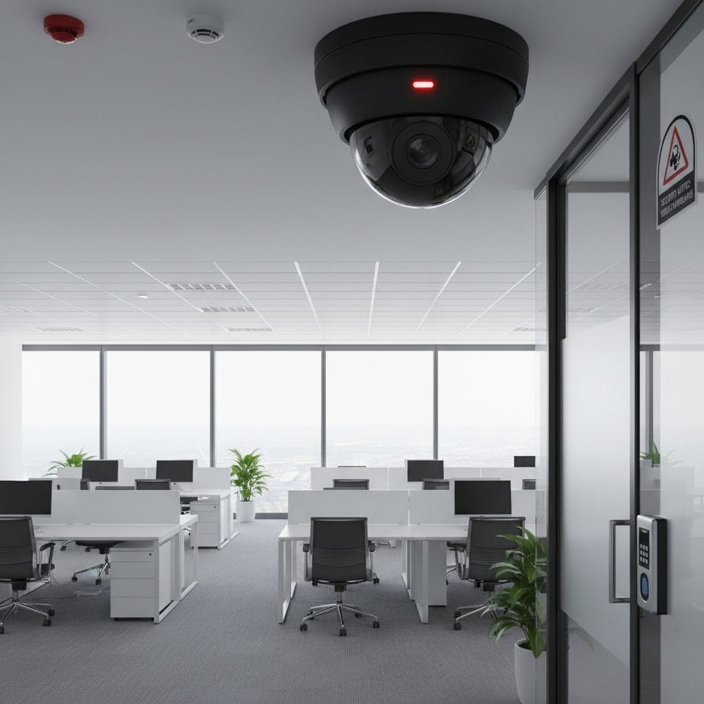 Caméra de vidéosurveillance moderne installée dans un bureau professionnel d’entreprise, assurant la sécurité des locaux et la protection des employés grâce à un dispositif de surveillance avancé, éclairage naturel, environnement professionnel sécurisé, solution de vidéosurveillance efficace et adaptée aux besoins de sécurité des entreprises, prévention des intrusions et enregistrement des activités en temps réel.