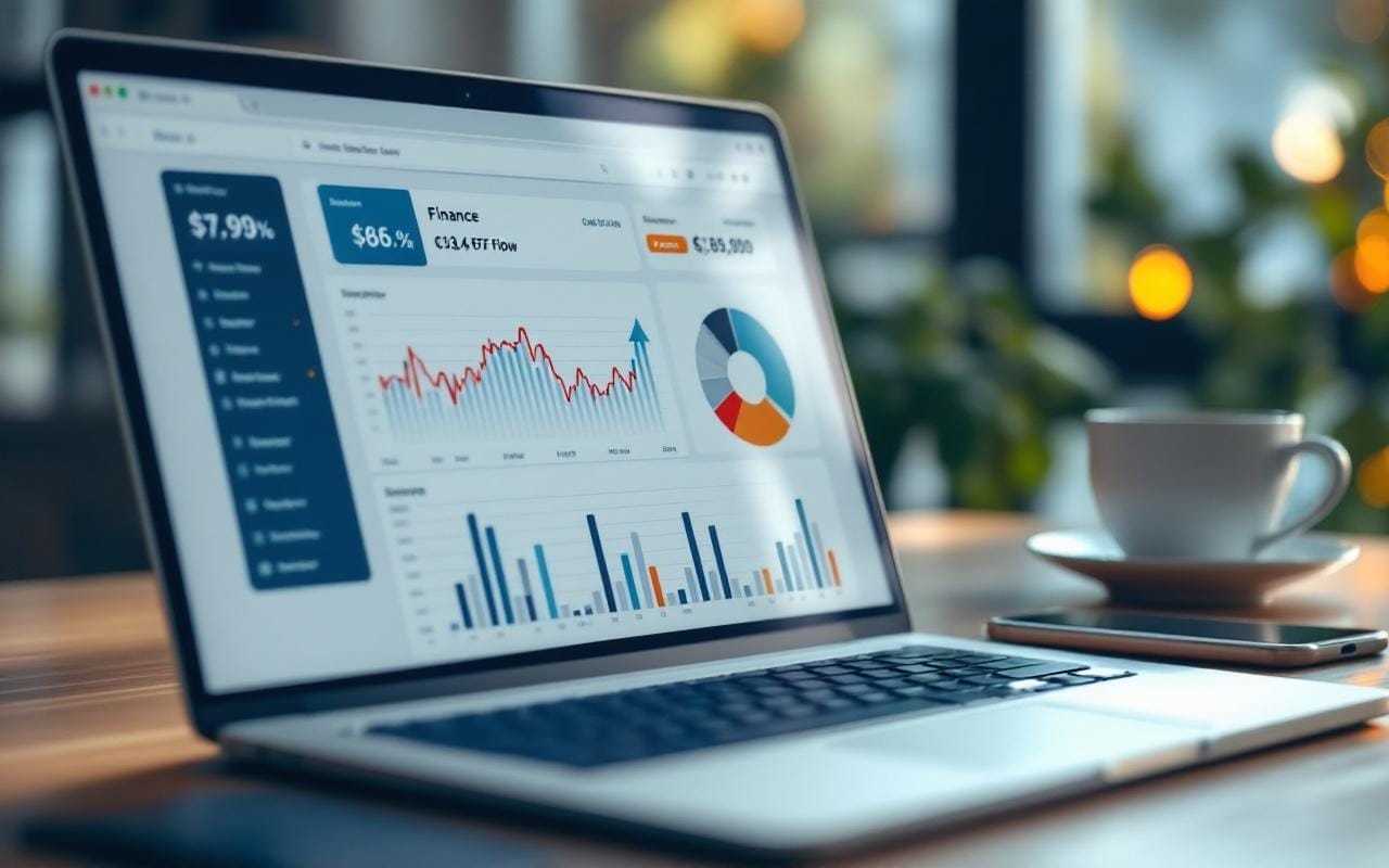 Ordinateur portable affichant un tableau de bord financier avec un graphique de flux de trésorerie en temps réel, posé sur un bureau en bois, tasse de café et smartphone à côté, lumière matinale douce mettant en valeur l'écran.