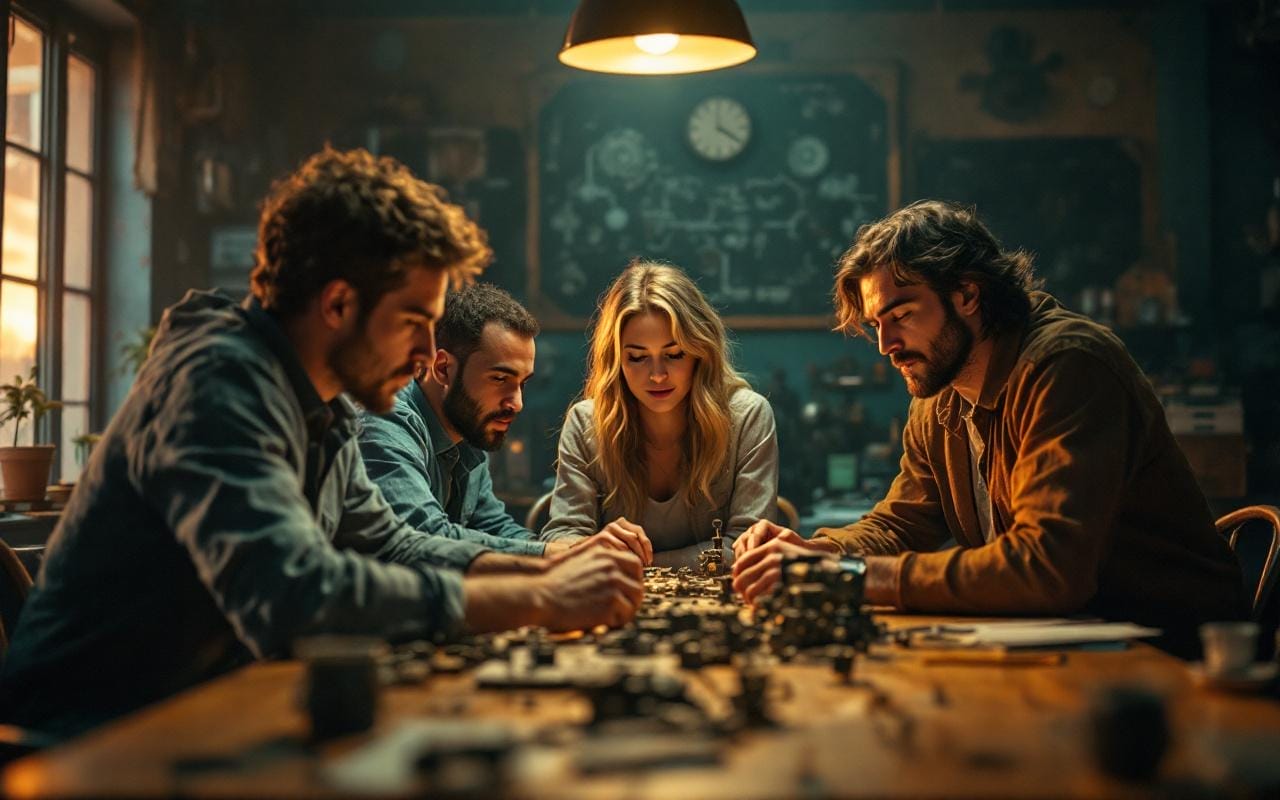 Quatre personnes concentrées résolvent des énigmes dans un escape game à Lyon, autour d'une table en bois avec des indices et mécanismes. Atmosphère sombre et chaleureuse, lumière volumétrique ambrée et reflets bleu-vert, décor vintage et expressions naturelles.