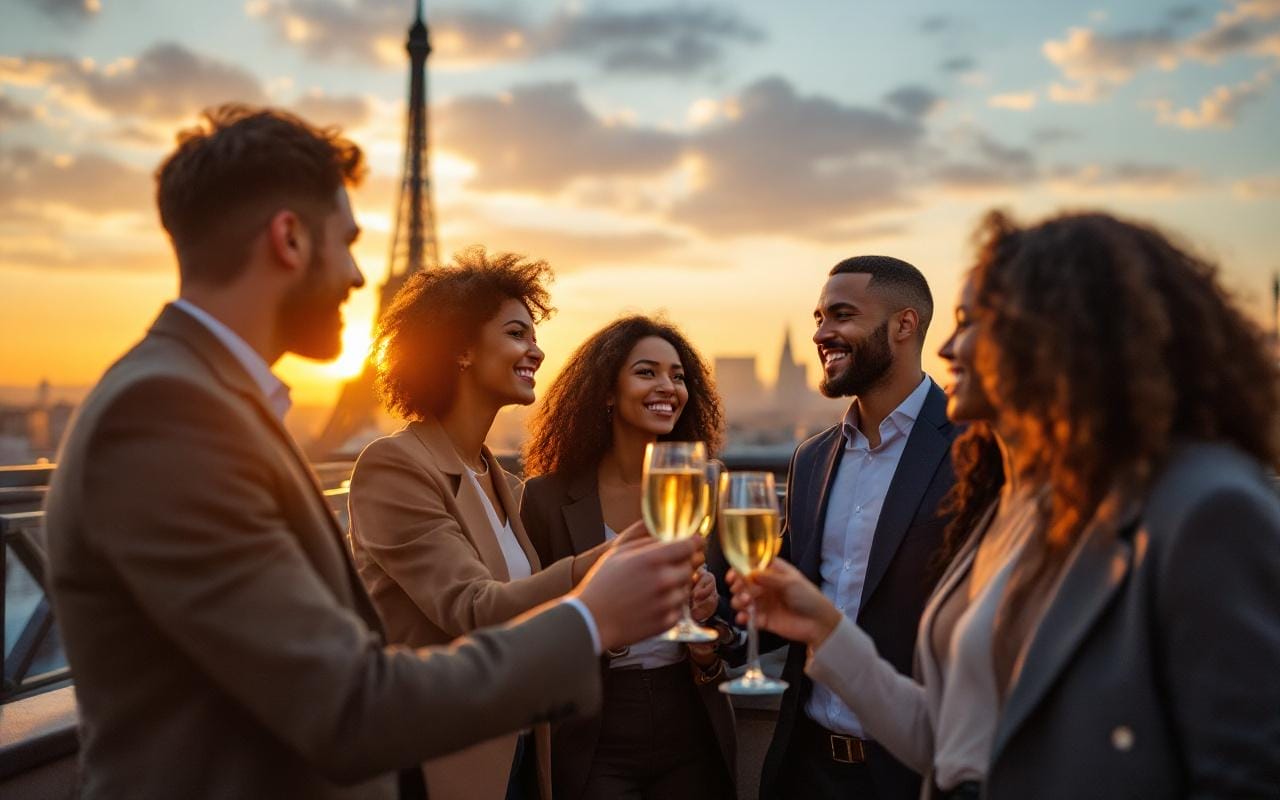 Équipe d'entreprise diverse trinquant avec des flûtes de champagne sur un toit parisien au coucher du soleil, la Tour Eiffel en arrière-plan, lumière dorée volumétrique, ambiance naturelle et réaliste.