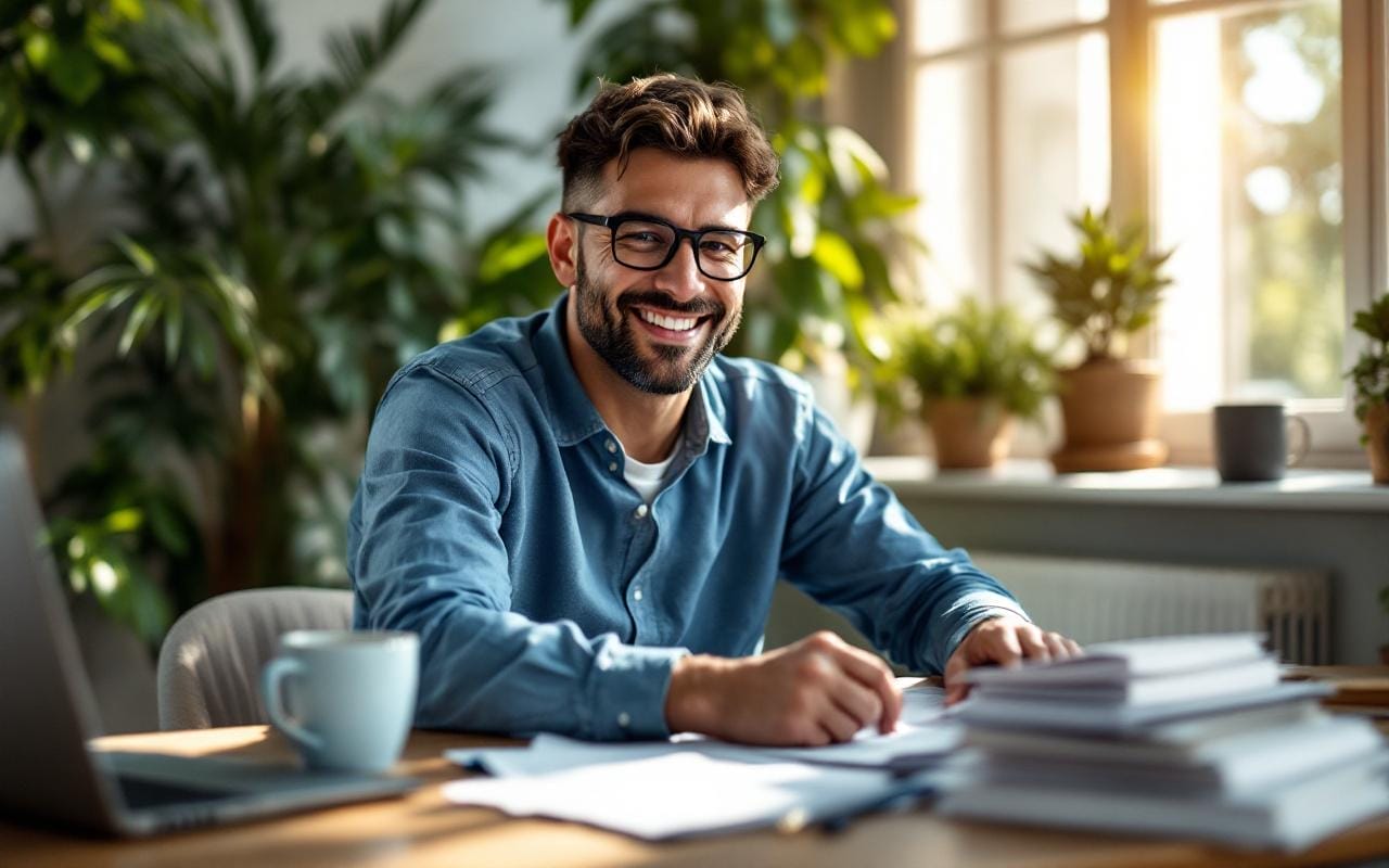 Propriétaire d'une petite entreprise en appel vidéo avec un comptable en ligne, assis à son bureau devant un ordinateur portable, documents et tasse de café à portée de main, souriant, lumière naturelle douce entrant par la fenêtre, ambiance chaleureuse et professionnelle.