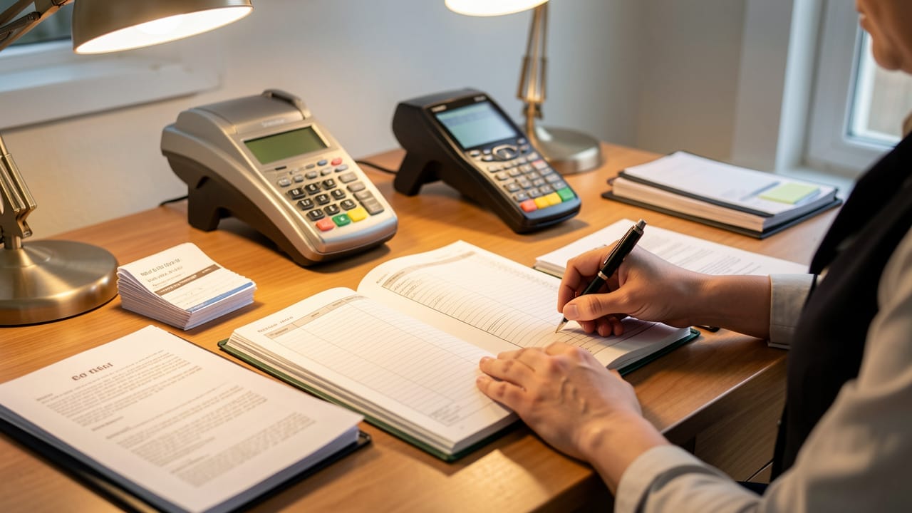 Contrôle comptable sur un bureau d’entreprise de services avec registre, caisse, terminal de paiement et dossier de fiche de paie.